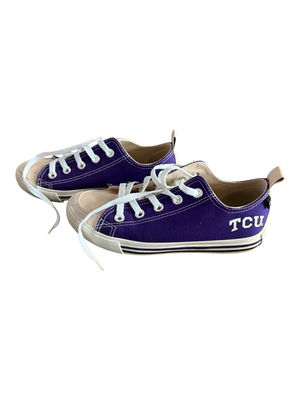 Purple and White Low-Top Sneakers with TCU laced